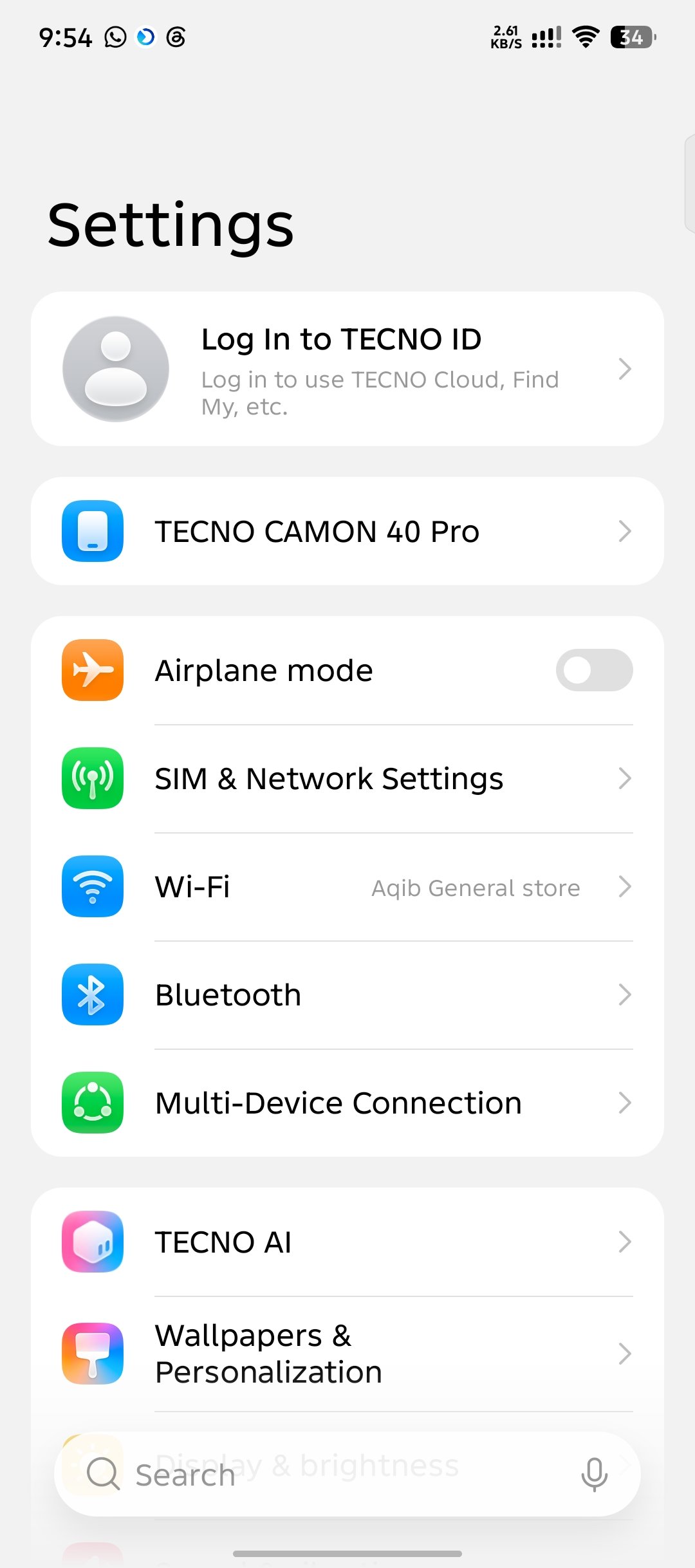 Tecno Android Settings screen with the phone settings entry visible