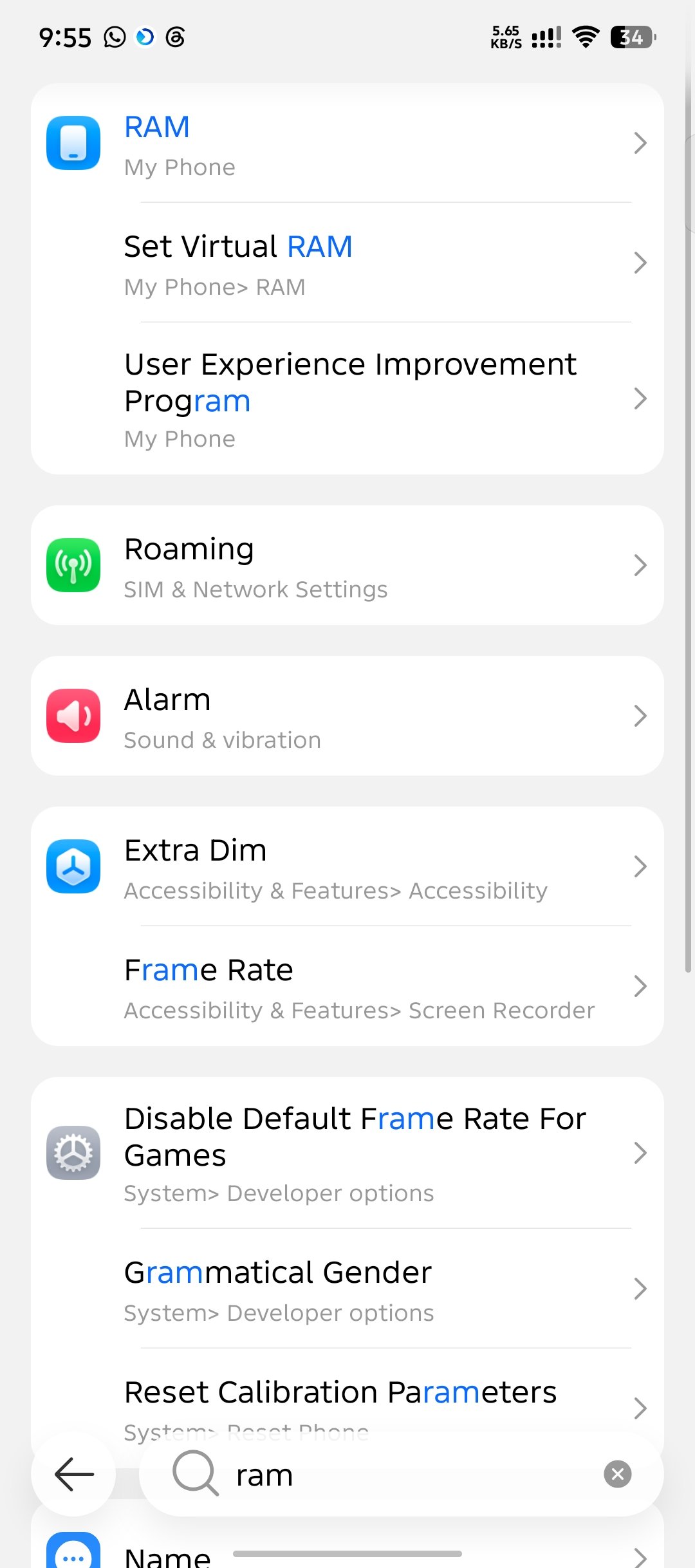 Android Settings search results for RAM showing RAM and Set Virtual RAM