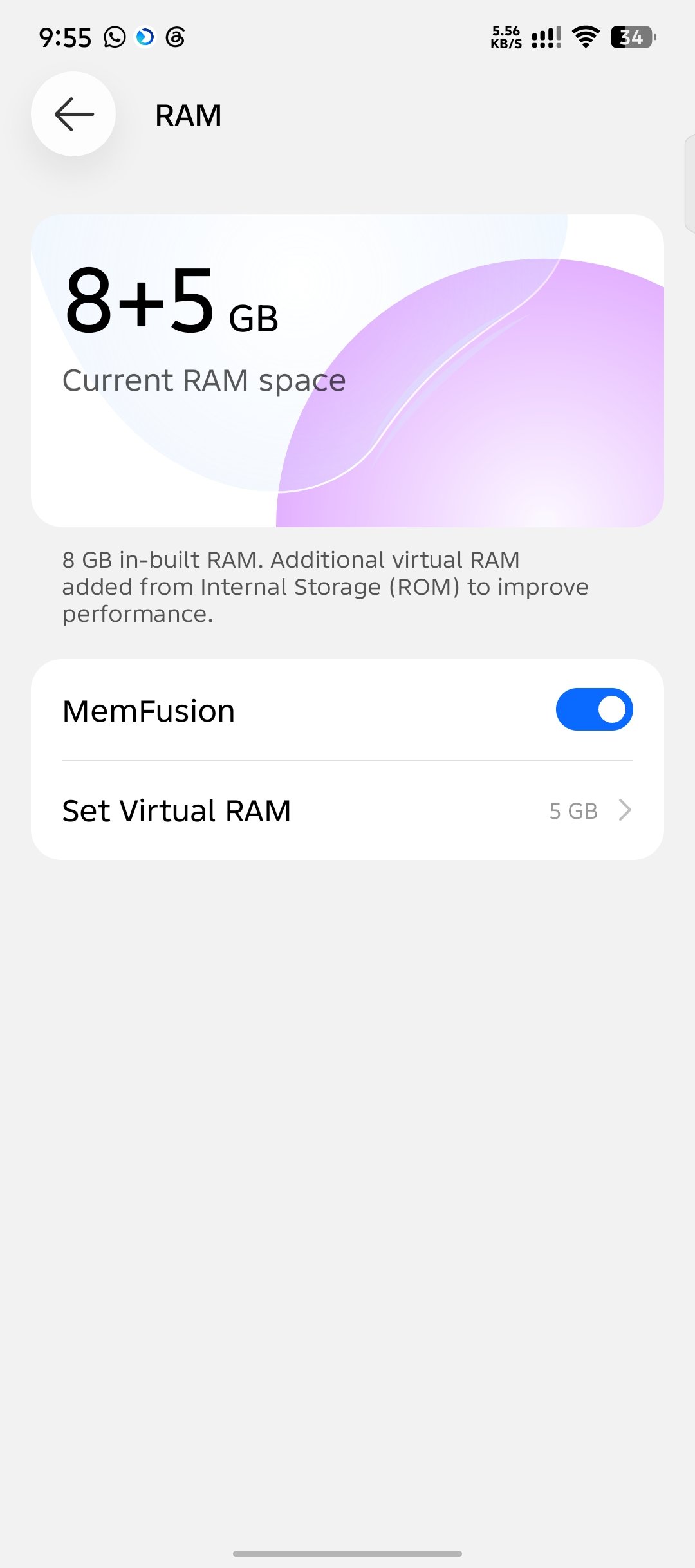 Tecno RAM settings page showing 8 GB physical RAM plus 5 GB virtual RAM and MemFusion