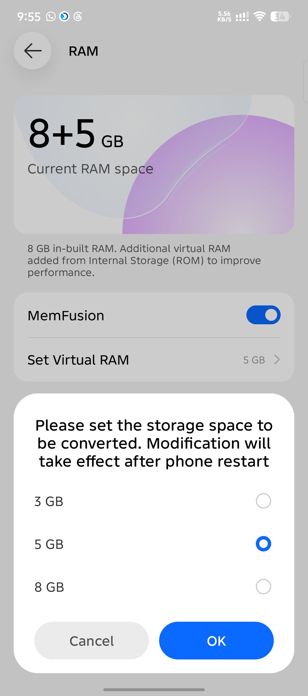 Tecno virtual RAM size selector with 3 GB, 5 GB and 8 GB options