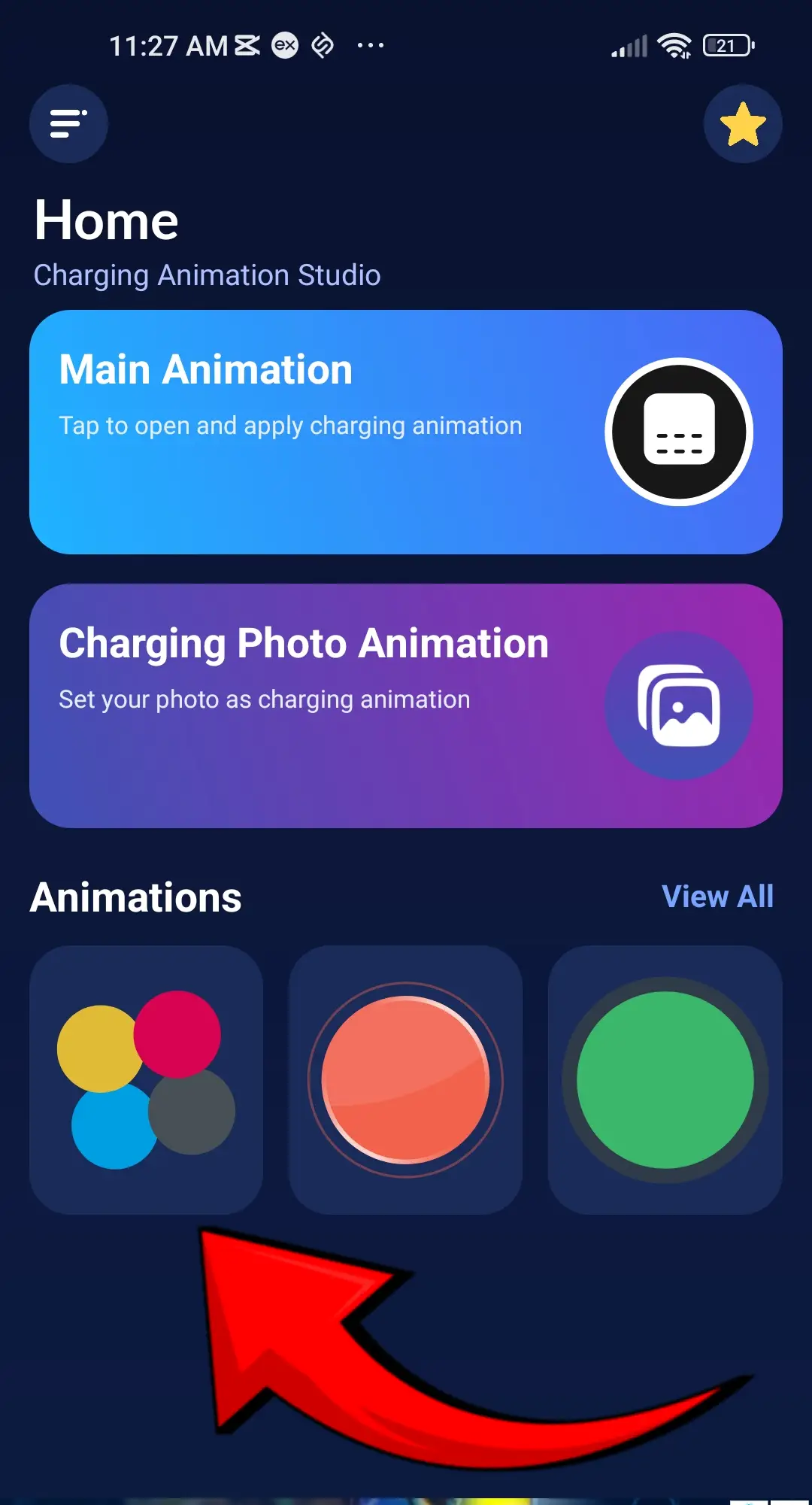 Batix home screen showing main animation, charging photo animation and animation choices