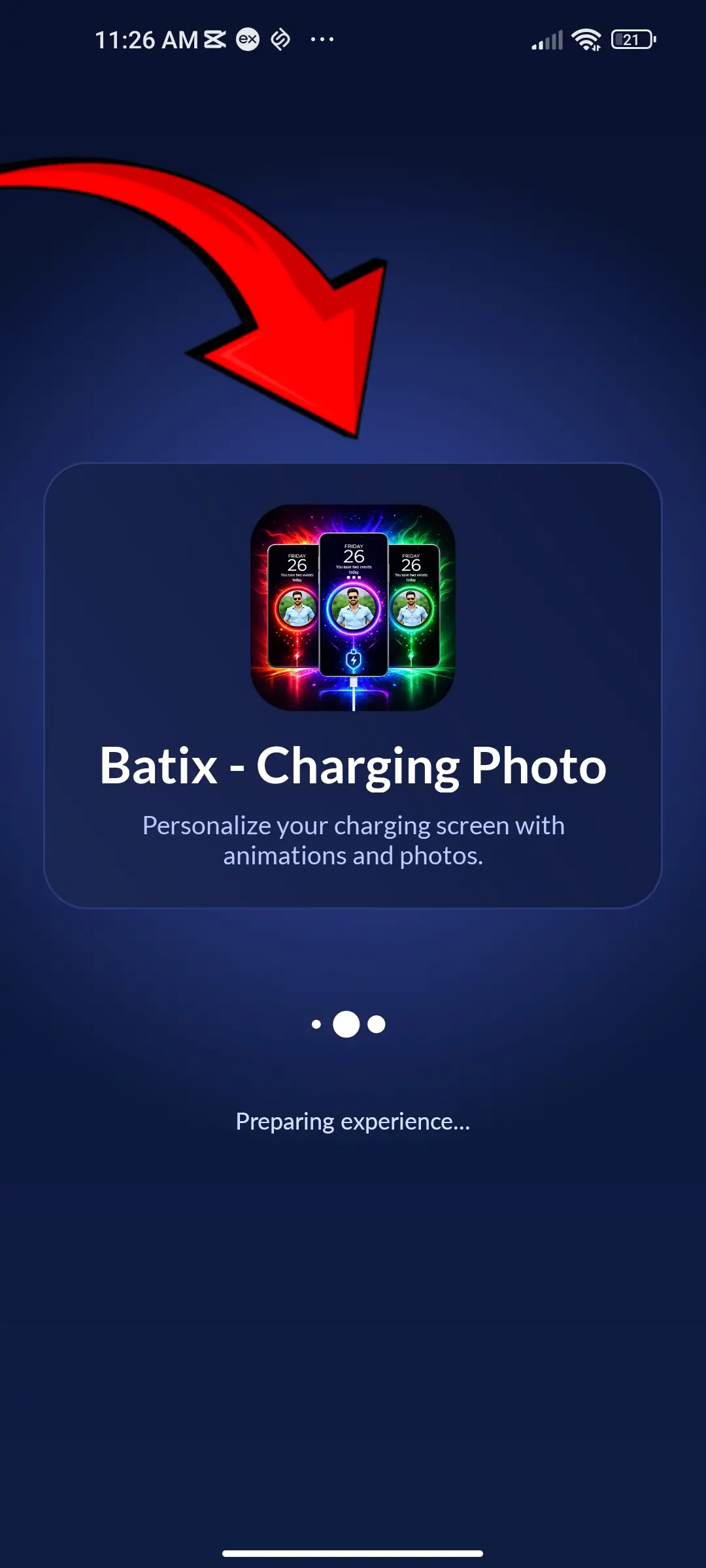 Batix Charging Photo introduction screen showing charging animations and photos