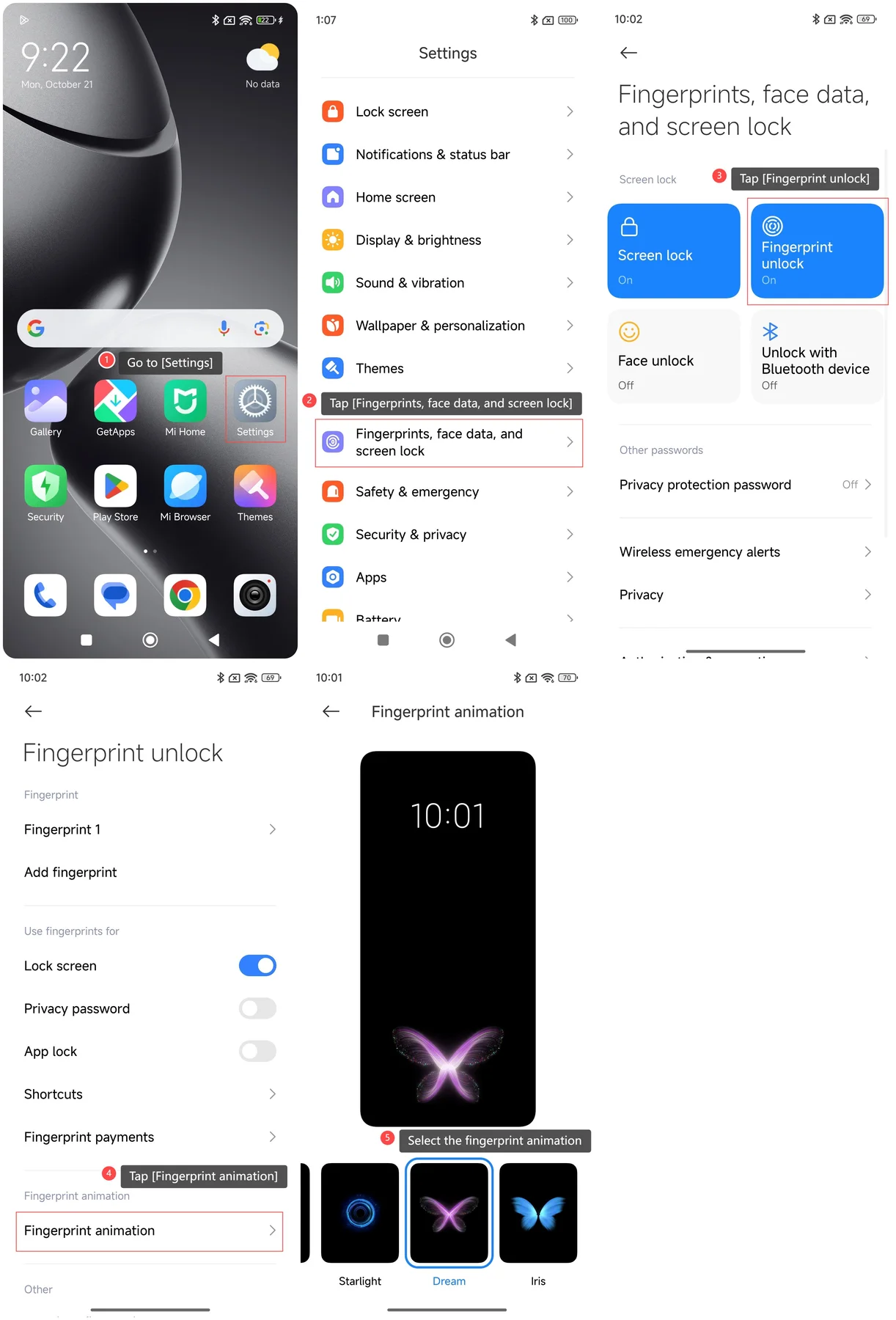 Five-step Xiaomi settings guide showing how to open Fingerprint unlock and select a fingerprint animation